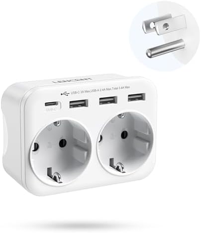 LENCENT Reiseadapter USA Deutschland Stecker, Typ B Steckdose, Reisestecker mit 1 USB-C&3 USB-A Ports, Doppelte EU Schuko auf USA für American, Mexiko, Kanada, Thailand, Costa Rica Steckdosen