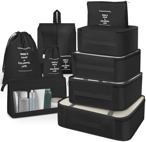 OBSGUMU Koffer Organizer Set, 9 Pcs Packing Cubes für Reisen, Packtaschen für Koffer Reise Kleidertaschen, Verpackungswürfel Mit Kosmetiktasche, Packwürfel for Reiseutensilien(Schwarz)