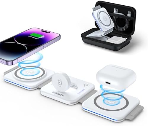 ZUMSEY 3 in 1 Faltbare kabellose Reiseladestation, Apple Ladestation Für Apple Watch und iPhone iPods, Wireless Charger für iPhone 16 15 14 13 12 Pro Max Plus/iWatch 10/9/Ultra/8/7/6/SE/5/4/3/AirPods