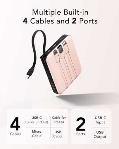 VRURC Power Bank 20000mAh mit Kabel Klein USB C Powerbank Schnelles Aufladen Mini Tragbares Ladegerät Externer Akku Klein und leicht mit 4 Ausgänge 3 Eingänge LED-Anzeige für iPhone Huawei Samsung usw - Image 2