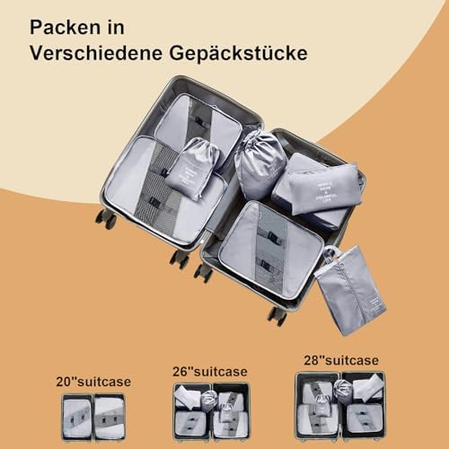 Koffer Organizer Set- 8 Stück, Packing Cubes für Reise, Packtaschen für Koffer, Travel Organizer Suitcase Kleidertaschen Schuhbeutel Kosmetiktasche, Travel Essentials-Grau - Image 5