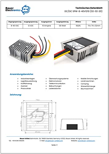 Bauer Electronics | DC-DC 8V-40V zu 12V Spannungs-wandler 10A 120W | Spannungs-regler 18-V 12-V 12-V Converter Spannungs-stabilisator Spannungs-begrenzer 24-V Step-down Step-up Buck Boost Volt - Image 6