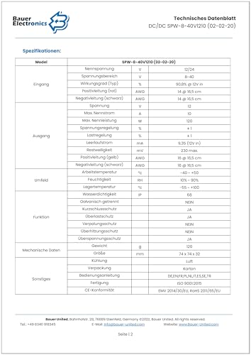 Bauer Electronics | DC-DC 8V-40V zu 12V Spannungs-wandler 10A 120W | Spannungs-regler 18-V 12-V 12-V Converter Spannungs-stabilisator Spannungs-begrenzer 24-V Step-down Step-up Buck Boost Volt - Image 7