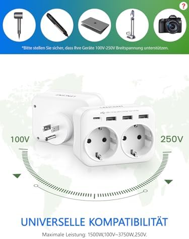 LENCENT Reiseadapter USA Deutschland Stecker, Typ B Steckdose, Reisestecker mit 1 USB-C&3 USB-A Ports, Doppelte EU Schuko auf USA für American, Mexiko, Kanada, Thailand, Costa Rica Steckdosen - Image 5