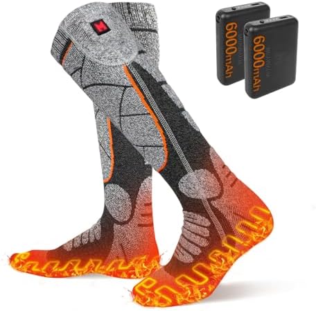 MRAWARM Beheizbare Socken, 6000mAh Wiederaufladbare Akku Elektrisch Beheizte Socken für Damen Herren, 3 Heizstufen Winter Baumwollsocken für Outdoor-Sport