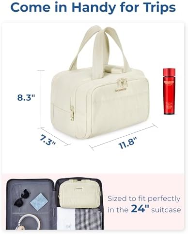 BAGSMART Reise Kulturbeutel, leichte, große, weit offene Reisetasche für Frauen, bauschiger Kosmetik Make up Taschen Organizer mit Griff für Zubehör, Essentials, Toilettenartikel, Beige - Image 2