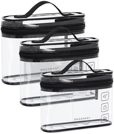 BAGSMART TSA-zugelassener Kulturbeutel, 2er-Pack transparenter Make-up-Kosmetikbeutel-Organizer, Reisetasche in Quart-Größe für Toilettenartikel, Reisezubehör fürs Handgepäck, Schwarz, 3 Stück