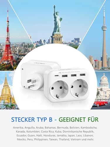 LENCENT Reiseadapter USA Deutschland Stecker, Typ B Steckdose, Reisestecker mit 1 USB-C&3 USB-A Ports, Doppelte EU Schuko auf USA für American, Mexiko, Kanada, Thailand, Costa Rica Steckdosen - Image 2