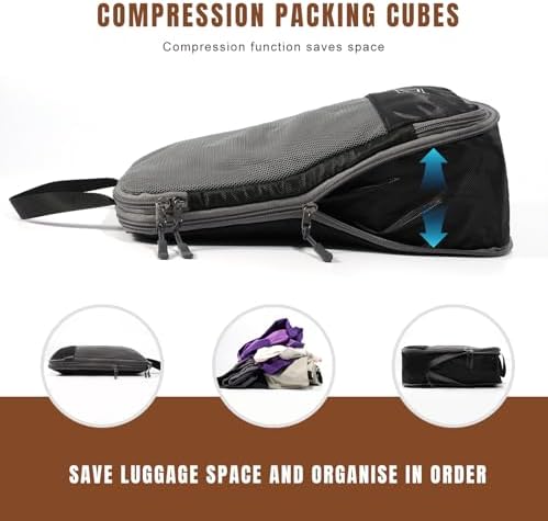 konqkin 15-Teiliges Set Compression Packing Cubes Platz sparen kann im Koffer & Backpack, Koffer Organizer Travel Essentials Zubehör für Reisen, Kompression Packwürfel Packtaschen - Schwarz Eiche - Image 4