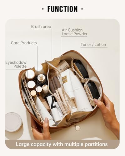 EACHY Reise-Make-up-Tasche, große Kapazität, Kosmetiktasche für Damen, wasserdicht, tragbar, offen, flach, Kulturbeutel, Make-up-Organizer mit Trennwand und Griff - Image 2