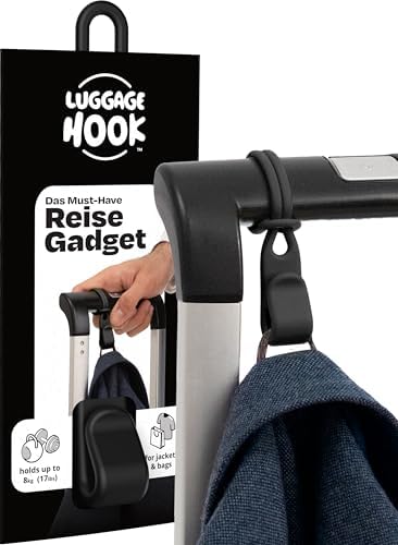 Luggage Hook Das originale Reise-Gadget hält Jacken und Taschen sicher bis zu 8 kg, Jacket Gripper einhändig bedienbar, Handgepäck Zubehör für Flugbegleiter, Travel Accessoire in Schwarz (Slick Black)