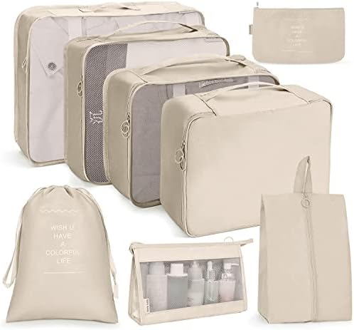 Koffer Organizer Set 8-teilig, Kofferorganizer Packing Cubes Set für Reise, Packwürfel für Rucksack, Packtaschen mit Kosmetiktasche, wasserdichte Schuhe Beutel, Travel Essentials