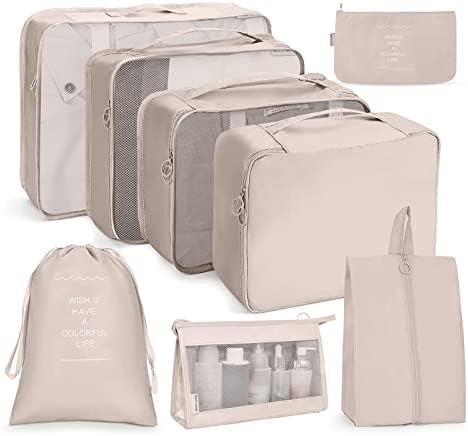 OSDUE Koffer Organizer Set 8-teilig, Packing Cubes, Wasserdichte Reise Kleidertaschen, Packtaschen für koffer, Verpackungswürfel mit Kosmetiktasche, Schuhbeutel, USB Kabel Tasche (Beige)