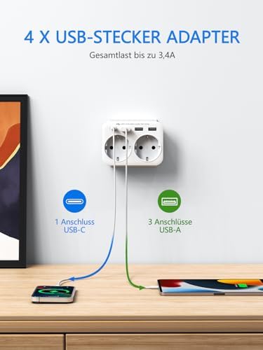 LENCENT Reiseadapter USA Deutschland Stecker, Typ B Steckdose, Reisestecker mit 1 USB-C&3 USB-A Ports, Doppelte EU Schuko auf USA für American, Mexiko, Kanada, Thailand, Costa Rica Steckdosen - Image 4