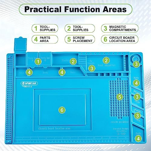 Spurtar Lötmatte Silikon 500℃ Hitzebeständige, 45 x 30 cm Verdickte Arbeitsmatte Werkstatt für Lötpistolen/Heißpistolen, Magnetische Reparatur Matte für Elektronik, Löten, Telefon, iPad, Uhren - Image 4