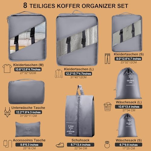 Koffer Organizer Set- 8 Stück, Packing Cubes für Reise, Packtaschen für Koffer, Travel Organizer Suitcase Kleidertaschen Schuhbeutel Kosmetiktasche, Travel Essentials-Grau - Image 4