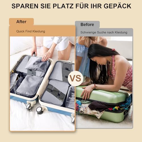 Koffer Organizer Set- 8 Stück, Packing Cubes für Reise, Packtaschen für Koffer, Travel Organizer Suitcase Kleidertaschen Schuhbeutel Kosmetiktasche, Travel Essentials-Grau - Image 6