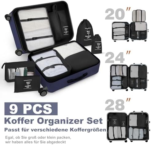 OBSGUMU Koffer Organizer Set, 9 Pcs Packing Cubes für Reisen, Packtaschen für Koffer Reise Kleidertaschen, Verpackungswürfel Mit Kosmetiktasche, Packwürfel for Reiseutensilien(Schwarz) - Image 2