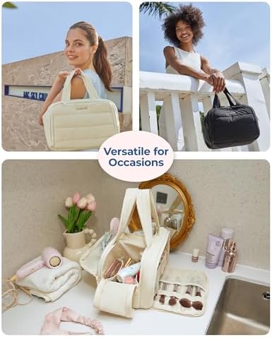 BAGSMART Reise Kulturbeutel, leichte, große, weit offene Reisetasche für Frauen, bauschiger Kosmetik Make up Taschen Organizer mit Griff für Zubehör, Essentials, Toilettenartikel, Beige - Image 6