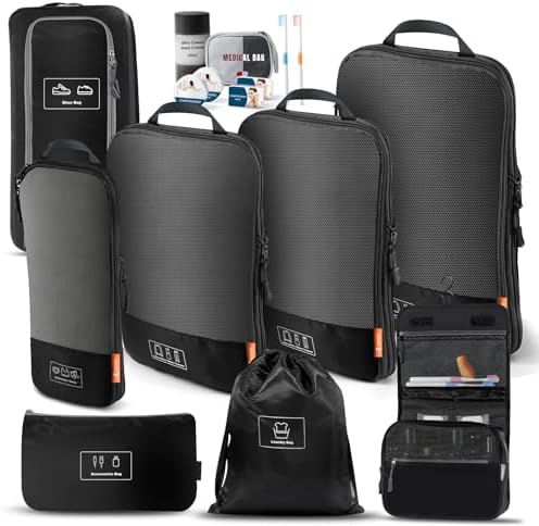 konqkin 15-Teiliges Set Compression Packing Cubes Platz sparen kann im Koffer & Backpack, Koffer Organizer Travel Essentials Zubehör für Reisen, Kompression Packwürfel Packtaschen - Schwarz Eiche