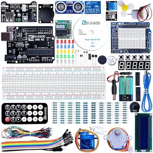 ELEGOO UNO R3 Starter Kit kompatibel mit Arduino IDE Projekt Einsteigerset mit Tutorial auf Deutsch, Mikrocontroller, 5V-Relais, Stromversorgungsmodul, Servomotor, Erweiterungsplatine usw.