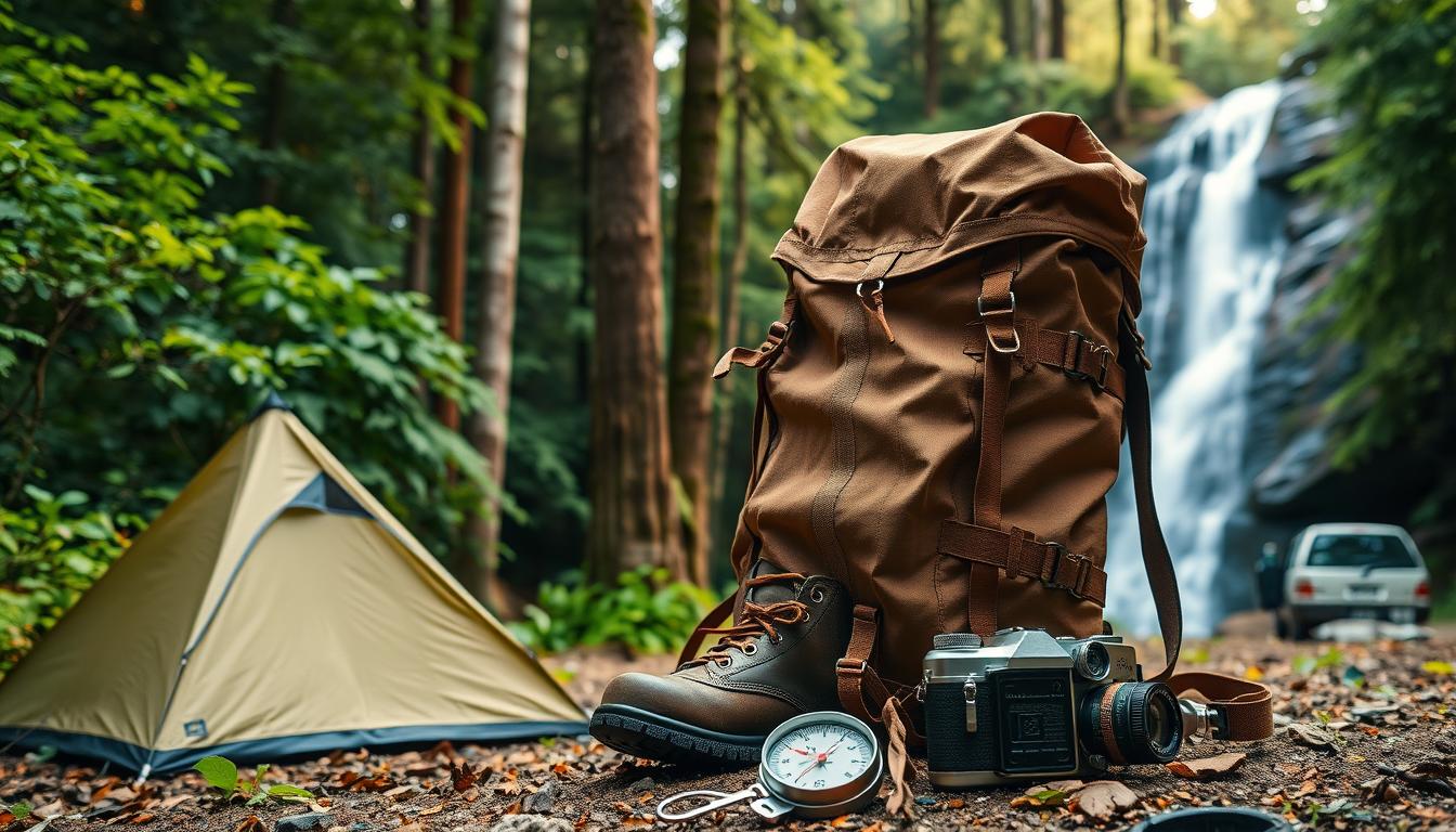 Ein robuster Rucksack, Campingausrüstung, ein Kompass und eine Vintage-Kamera liegen neben einem Zelt in einem üppigen Wald in der Nähe eines Wasserfalls.