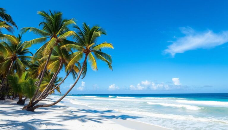 Ein ruhiger tropischer Strand mit sich wiegenden Palmen, weichem weißen Sand und sanften Wellen unter einem strahlend blauen Himmel mit vereinzelten Wolken.