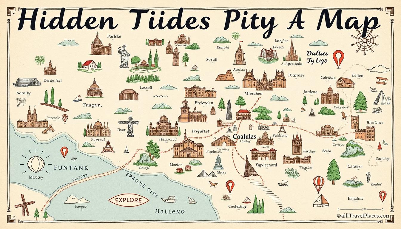 Eine verspielte, illustrierte Karte mit dem Titel "Hidden Tiides Pity A Map", die verschiedene Wahrzeichen und Routen für Entdeckungsreisen zeigt.