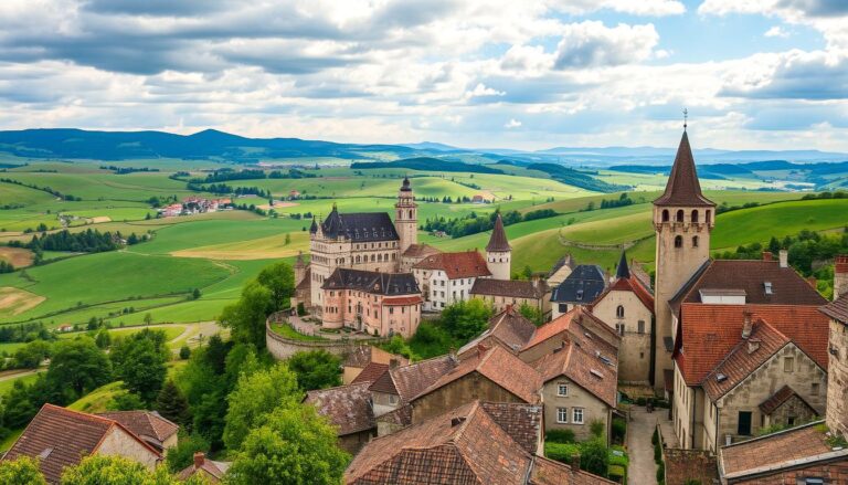 Ein Dorf mit historischen Gebäuden und einer markanten Burg, umgeben von grünen Hügeln unter einem teils bewölkten Himmel.