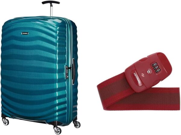 Samsonite Lite-Shock - Spinner XL Koffer, 81 cm, 124 L, mit 4 Rollen, Blau (Petrol Blue) & Global Travel Accessories - Gepäckgurt mit integrietem 3-Stelliges TSA Zahlenschloss, 190 cm, Rot (Red)