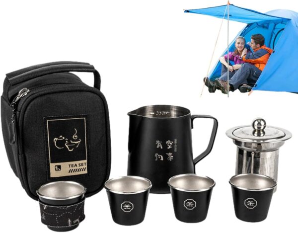 Travel Tea Set, Stainless Steel Chinese Teapot Set, High-temperature Resistant Camping Kettle, Includes 4 Teacups, Tea Kit Accessories for Home, Outdoor Picnic, and Grilling