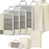 Avmvnvc Koffer Organizer Set 9 Teilig, Packing Cubes Compression, Travel Organizer für Koffer und Rucksack, Packtaschen mit Kompression, Packwürfel für Kleidung Schuhe Unterwäsche, Beige