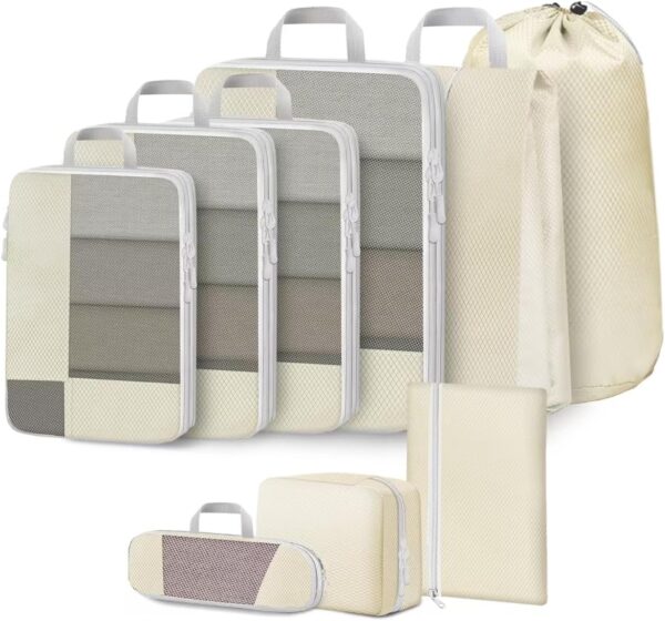 Avmvnvc Koffer Organizer Set 9 Teilig, Packing Cubes Compression, Travel Organizer für Koffer und Rucksack, Packtaschen mit Kompression, Packwürfel für Kleidung Schuhe Unterwäsche, Beige