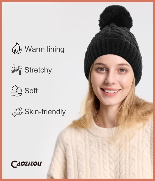 CAOZITOU Mütze Damen, Wintermütze Double Fleece Line Beanie, Warme Dehnbar Weich Strickmützen mit Bommel für Outdoor Sports Ski - Image 2