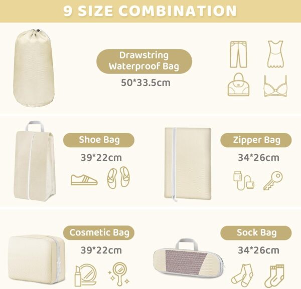 Avmvnvc Koffer Organizer Set 9 Teilig, Packing Cubes Compression, Travel Organizer für Koffer und Rucksack, Packtaschen mit Kompression, Packwürfel für Kleidung Schuhe Unterwäsche, Beige - Image 4