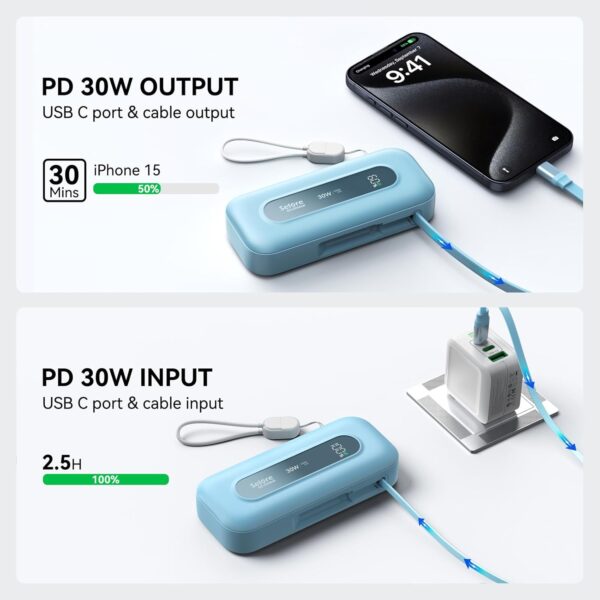 Power Bank 30w, Powerbank USB C mit Einziehbarem Kabel Tragbares Ladegerät Schnellladefunktion, Externe Handy Akkupack Portable Charger für iPhone 16 15 14 13 12 11 X Pro Max, MacBook, iPad, Galaxy - Image 2