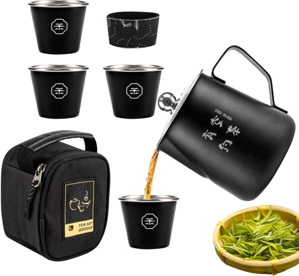 Travel Tea Set, Stainless Steel Chinese Teapot, High-Temperature Resistant Camping Kettle, Includes 4 Teacups and Accessories, Perfect for Home, Outdoor Picnic, and Grilling