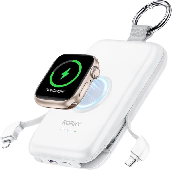 RORRY 3-IN-1 Power Bank 10000mAh, PD 20W Powerbank Schlüsselanhänger Ladegerät für iPhone 16/15/14/13/12 & für Apple Watch Serie und Android Smartphone, Reise Essentials Geschenk für Frauen Männer