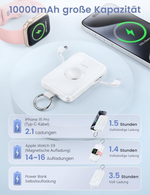 RORRY 3-IN-1 Power Bank 10000mAh, PD 20W Powerbank Schlüsselanhänger Ladegerät für iPhone 16/15/14/13/12 & für Apple Watch Serie und Android Smartphone, Reise Essentials Geschenk für Frauen Männer - Image 4