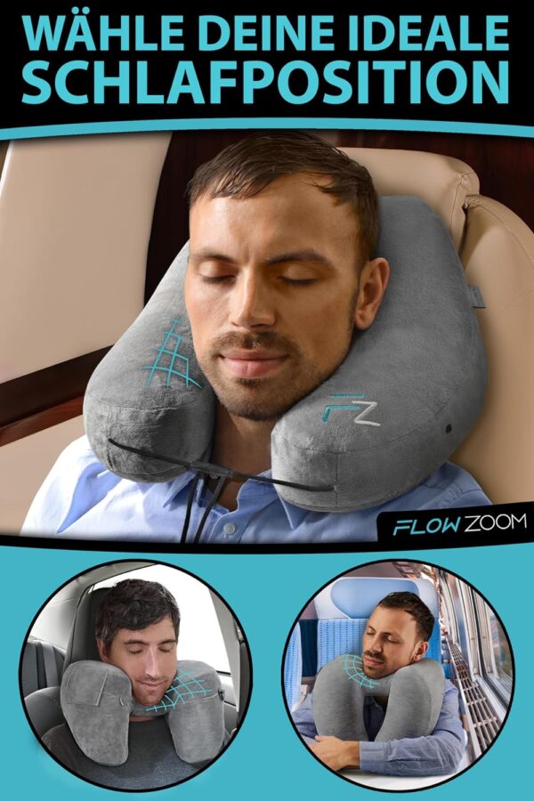 FLOWZOOM AIR Nackenkissen aufblasbar mit Kapuze - Nackenkissen Flugzeug - Reisekissen - Schnell aufblasbares Nackenkissen Reise - Flugzeug Kissen - Travel Pillow - Nackenhörnchen Erwachsene (grau) - Image 3