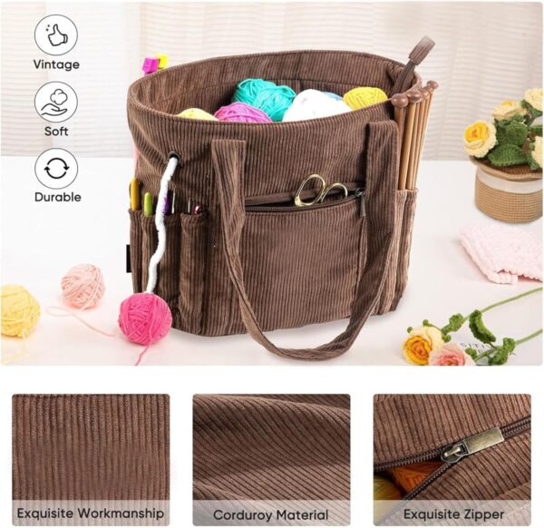 Fruusv Corduroy Tote Bag | Large Crochet Accessories Bag for Knitting and Crochet Supplies | Spacious Tote with Yarn Holder for Women’s Work, Travel, and Everyday Use Knitting & Crochet Supplies Bag - Image 6