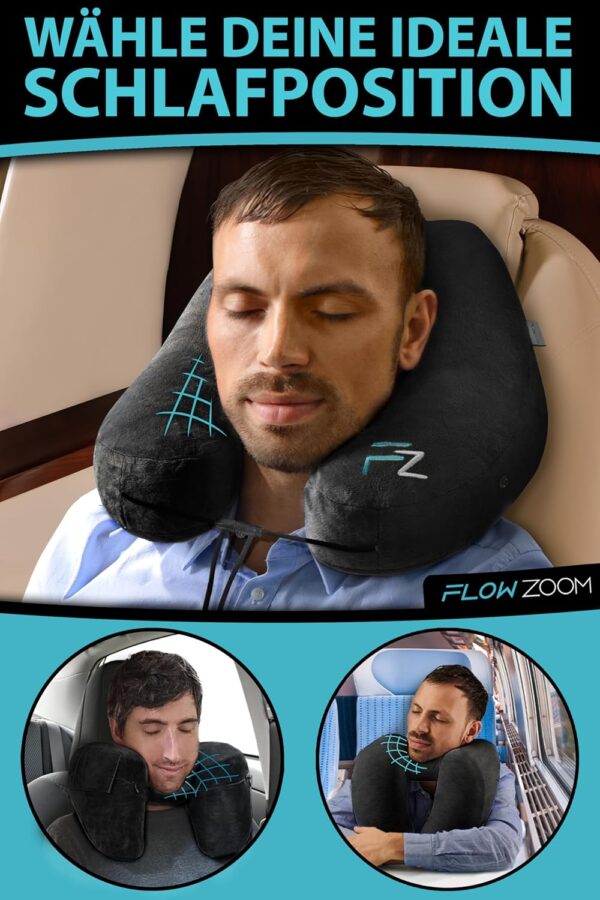 FLOWZOOM AIR Nackenkissen aufblasbar mit Kapuze - Reisekissen - Schnell aufblasbares Reise - Flugzeug Kissen - Travel Pillow - Nackenhörnchen Erwachsene (schwarz) - Image 3