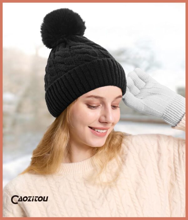 CAOZITOU Mütze Damen, Wintermütze Double Fleece Line Beanie, Warme Dehnbar Weich Strickmützen mit Bommel für Outdoor Sports Ski - Image 6