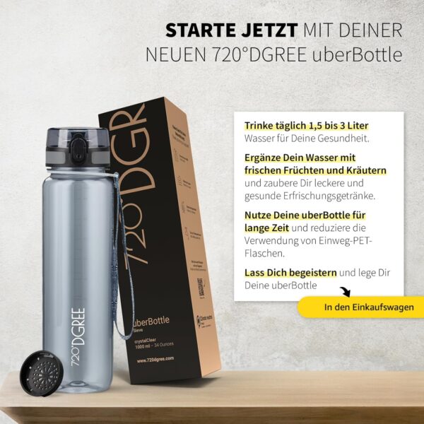 720°DGREE Trinkflasche 1l “uberBottle“ crystalClear +Sieb - BPA-Frei - Wasserflasche für Sport, Gym, Fitness, Fahrrad, Outdoor, Uni - Sportflasche aus Tritan - Leicht, Stoßfest, Wiederverwendbar - Image 6