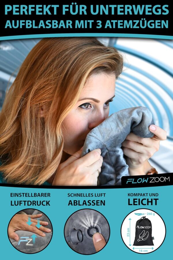 FLOWZOOM Nackenkissen aufblasbar in kleinerer Damengröße | Nackenkissen Flugzeug aufblasbar | Nackenkissen Reise | Neck Pillow Travel | Reise Nackenkissen für Flugzeug mit Kapuze (grau, Größe M) - Image 4