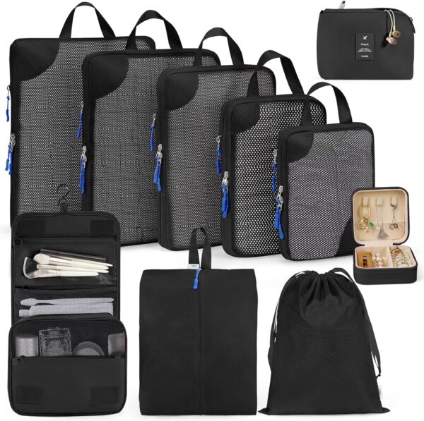 Compression Packing Cubes 10 Set Koffer Organizer Taschen Reisewürfel für Koffer Gepäck Organizer Packtaschen Travel Essentials Schwarz