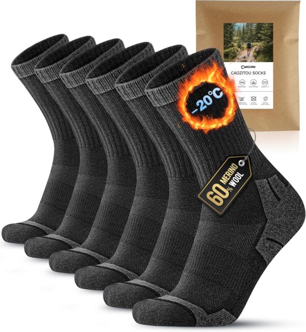 CAOZITOU 3 Paar Merino Wandersocken Herren Damen, 60% Wollsocken Gepolstert, Thermo Trekkingsocken Winter Warme Socken für Outdoor Sport