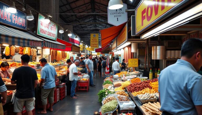 Ein belebter Markt mit bunten Ständen, die mit frischen Früchten, Gemüse und Snacks gefüllt sind, umgeben von Einkäufern, die die lebendige Atmosphäre genießen.