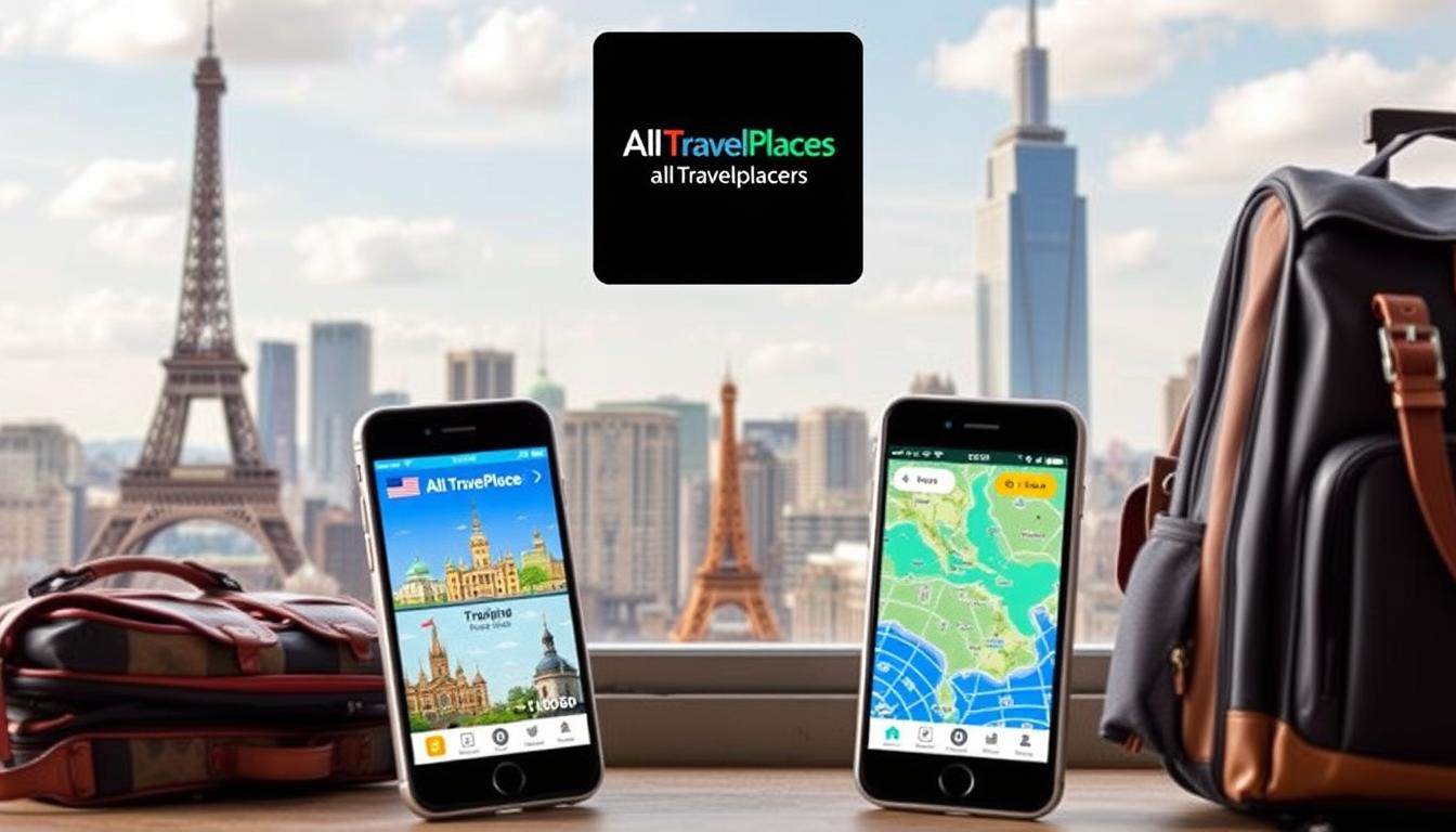 Zwei Smartphones, die Reise-Apps anzeigen, liegen auf einem Tisch mit Blick auf den Eiffelturm und Wolkenkratzer, daneben ein Reise-Rucksack.