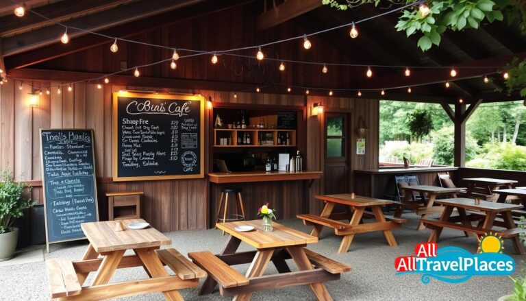 CoBuri's Café bietet Holztische für Picknick, eine rustikale Bar mit einer Tafel-Menü und Lichterketten, die den gemütlichen Außenbereich erleuchten.